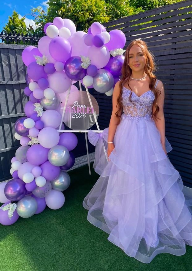 Lilac A Line Spaghetti Strap Lace Ruffle Tulle Prom Dress Birthday Dress SH9008