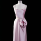 Simple Pink Sheath Spaghetti Strap Flower Satin Party Dress Evening Dress SH3375