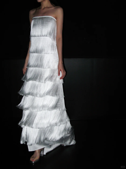 Flowy A Line Strapless Layered Tassel White Satin Long Wedding Dress SH5965