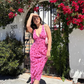 Romantic Pink Print Floral Sheath V Neck Chiffon Prom Dress Vacation Dress SH6259