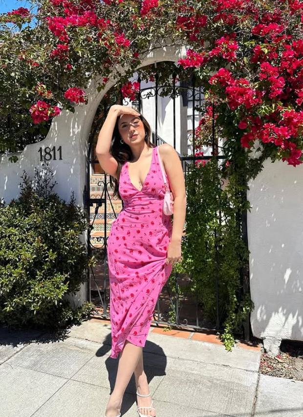Romantic Pink Print Floral Sheath V Neck Chiffon Prom Dress Vacation Dress SH6259