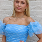 Baby Blue A Line Off the Shoulder Beaded Organza Short Homecoming Dress SH6791