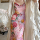 Beautiful Sheath Spaghetti Straps Pink Printed Floral Chiffon Long Prom Dress Evening Dress SH6052
