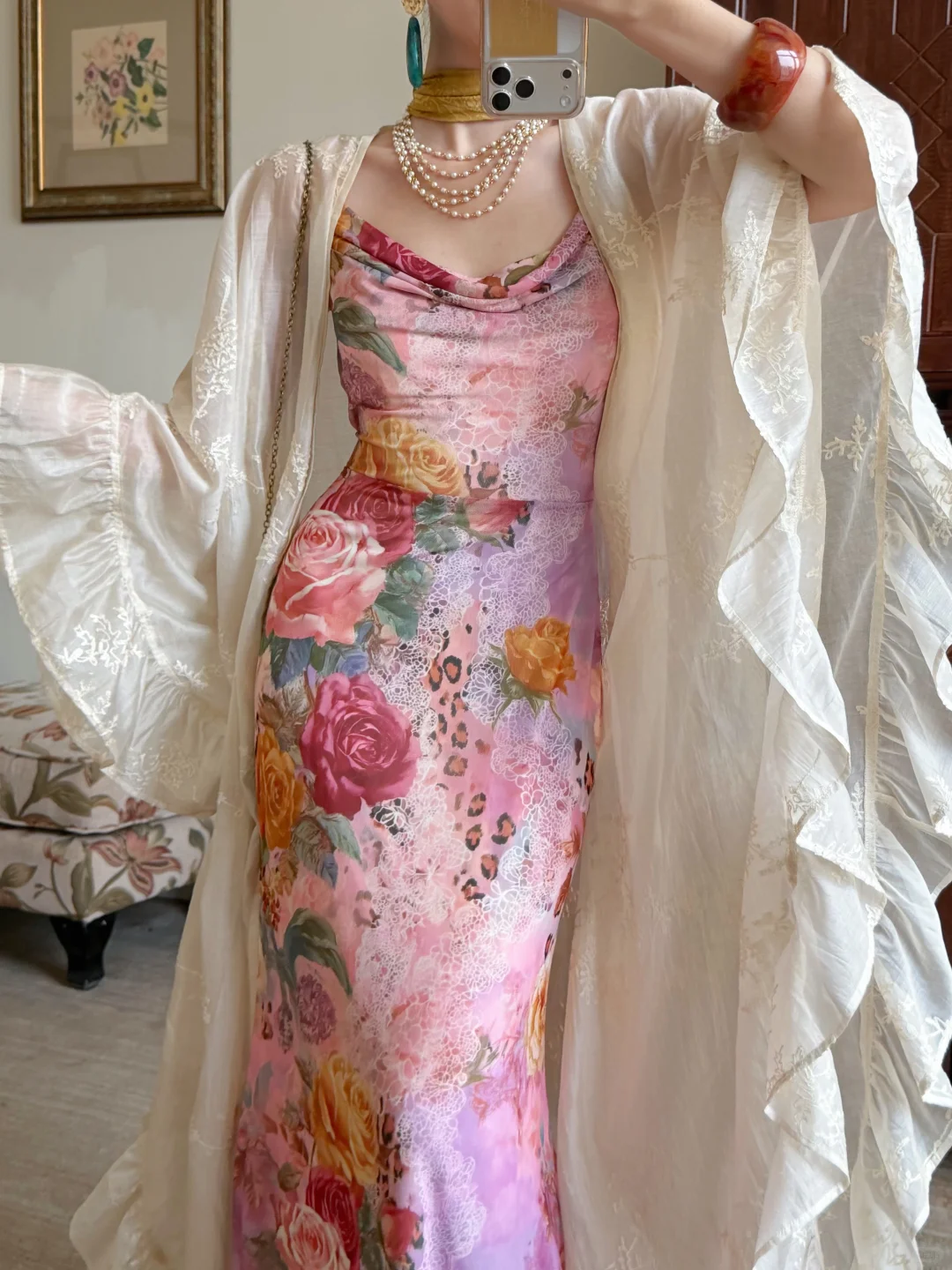 Beautiful Sheath Spaghetti Straps Pink Printed Floral Chiffon Long Prom Dress Evening Dress SH6052