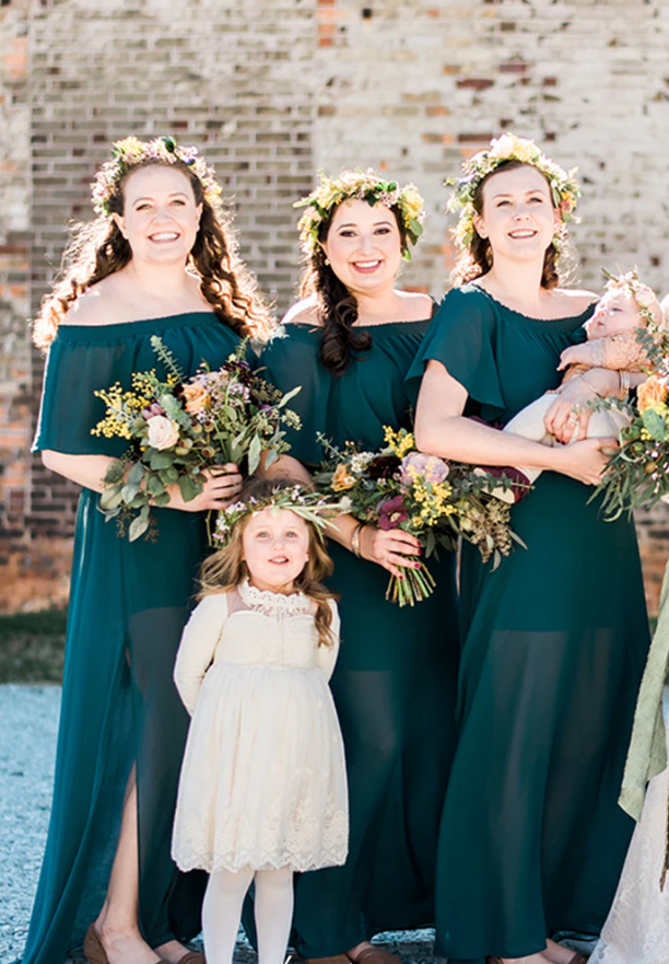 Teal Green Chiffon Off The Shoulder Side Slit Boho Bridesmaid Dresses SH5581