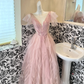 Classic Pink A Line V Neck Beaded Tulle Long Party Dress Prom Dress Formal Dress SH3850