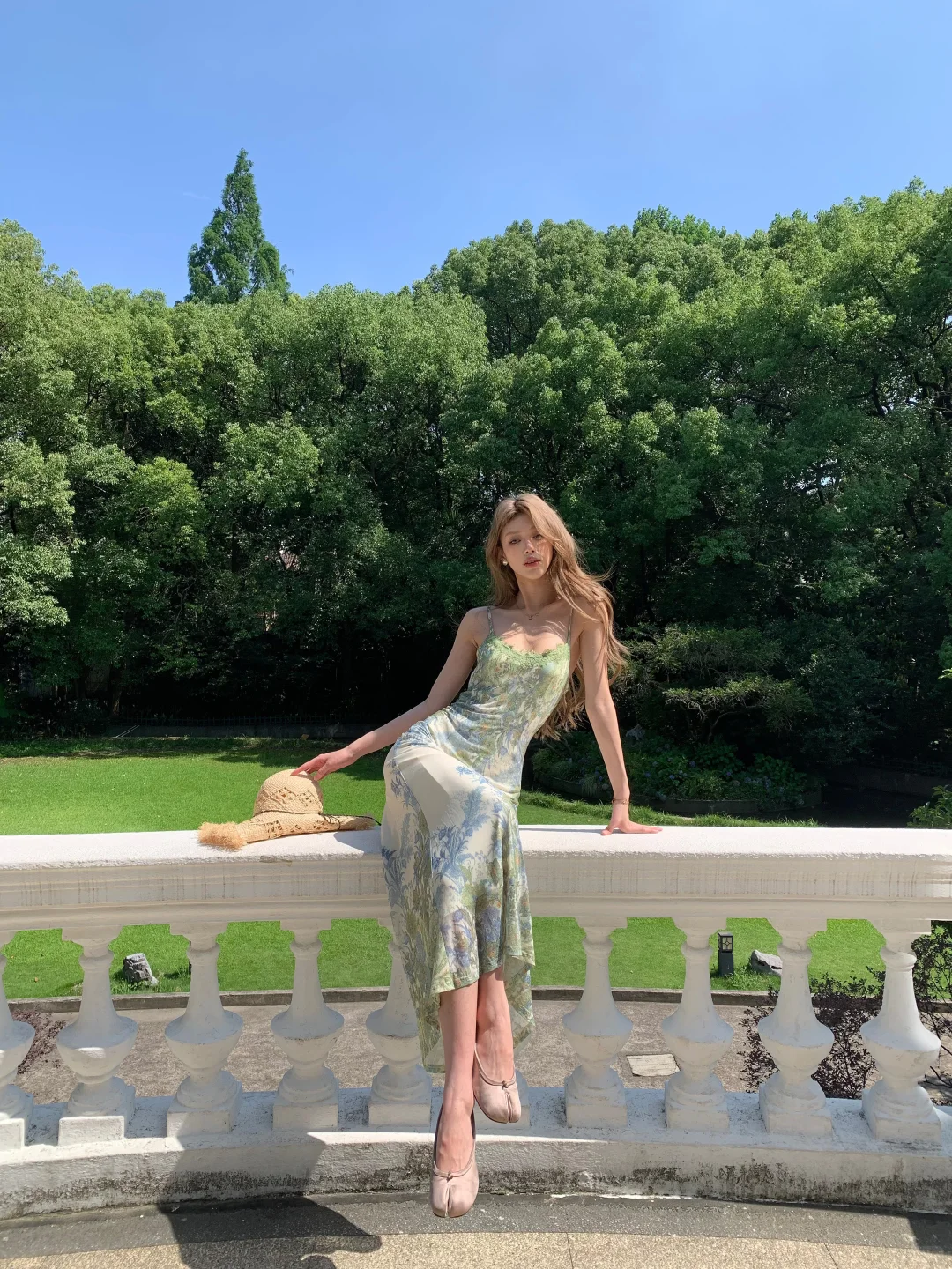 Elegant A Line Spaghetti Strap Green Print Floral Chiffon Prom Dress Evening Dress SH4482