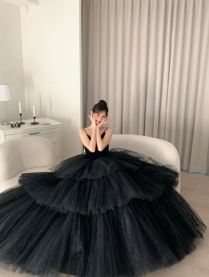Black Ball Gown Spaghetti Strap Layered Sequin Tulle Prom Dress SH5101