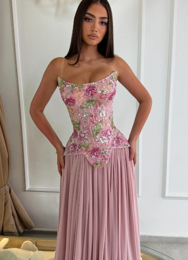 Sweety Pink A Line Strapless Exquisite Embroidery Floral Chiffon Long Prom Dress Evening Dress SH7297
