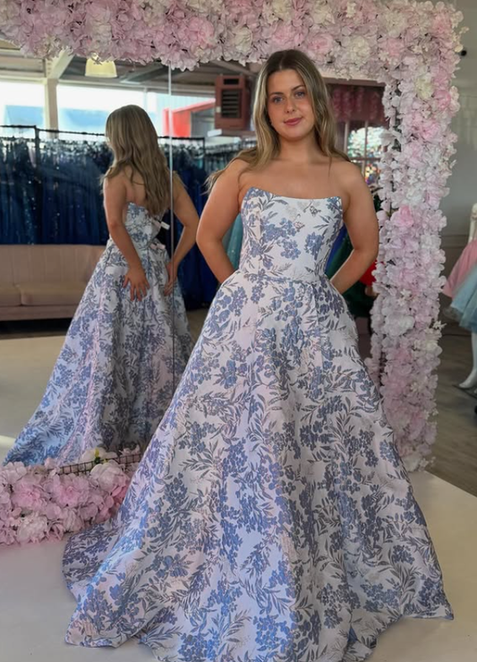 Blue Print Floral A Line Strapless Satin Prom Dress Evening Dress SH6651