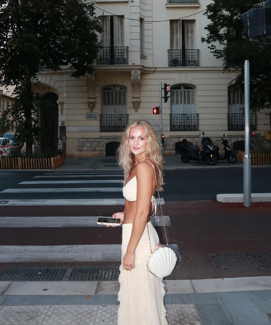 Unique Two Piece Spaghetti Strap Ruffle Light Champagne Chiffon Prom Dress Evening Dress SH2226