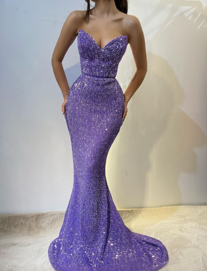 Shiny Purple Sequin Mermaid Sweetheart Neck Long Prom Dress Evening Dress SH6068