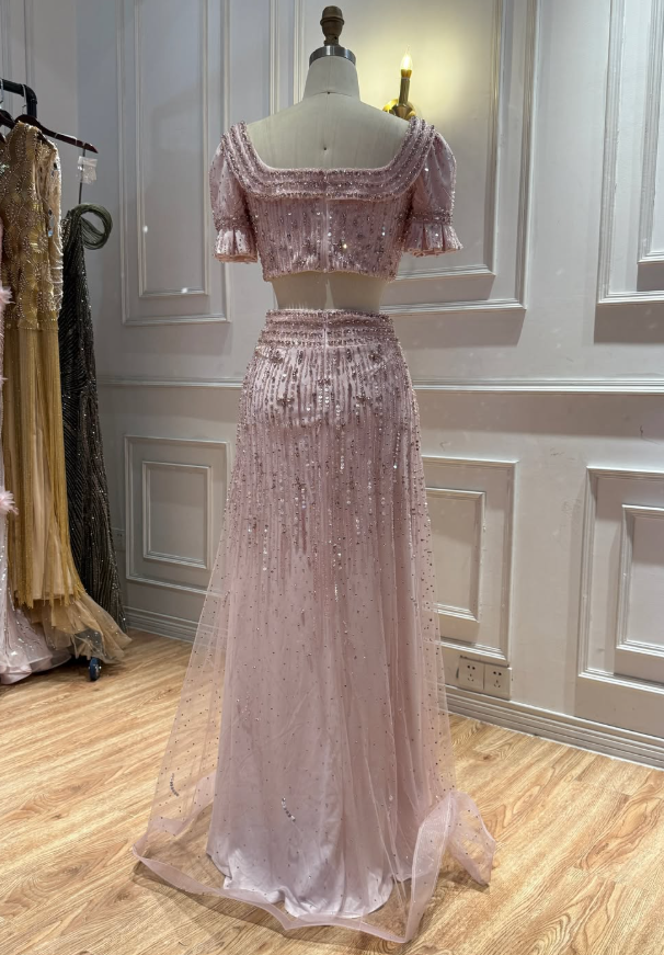Luxurious Two Piece A Line Puff Sleeve Beaded Pink Tulle Long Prom Dress Evening Dress SH8949