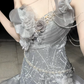 Stunning Grey Ball Gown Off the Shoulder Beaded Organza Satin Prom Dress Party Dress SH5026