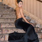 Black Mermaid Velvet Open Back Long Prom Dress Wedding Guest Dress SH4386
