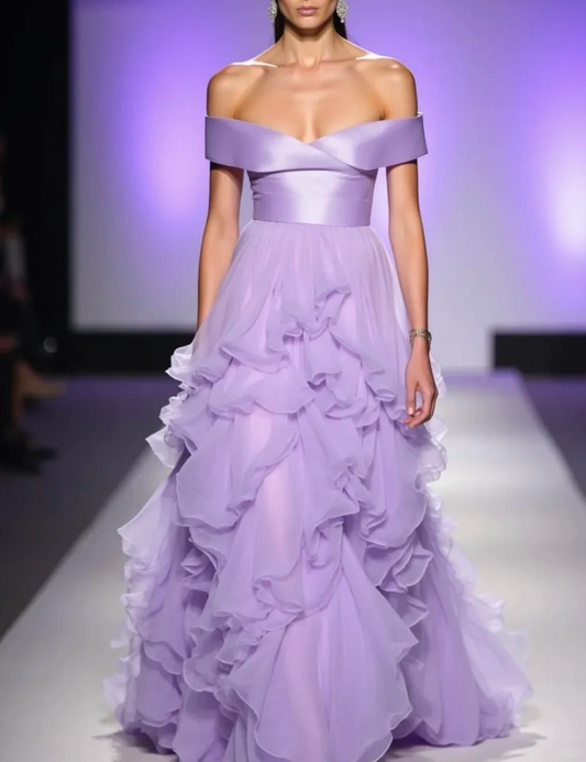 Romantic Purple A Line Off the Shoulder Layered Chiffon Satin Prom Dress Wedding Guest Dress SH4917