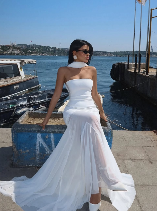 Simple White Mermaid Strapless Chiffon Satin Date Dress Prom Dress SH3885