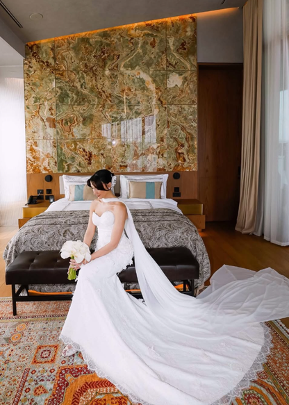 Romantic Mermaid Strapless Beaded Floral White Satin Long Train Wedding Dress SH6187
