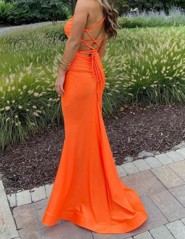 Orange Mermaid Spaghetti Straps Long Prom Dress With Cross Back SH1123