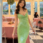 Green Sheath Spaghetti Straps Sequin Open Back Long Prom Dress Evening Dress SH1788
