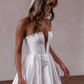 A Line Deep V Neck Satin Long Sweep Wedding Dress Prom Dress with Slit SH4127