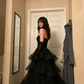 Princess A Line Sweetheart Neck Black Tiered Tulle Long Prom Dress Evening Dress SH355