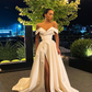Elegant A Line Off the Shoulder Ivory Satin Long Prom Dress Wedding Dress with Slit SH6114