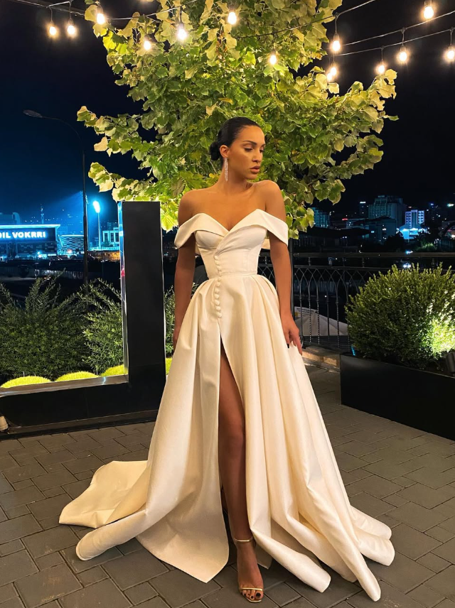 Elegant A Line Off the Shoulder Ivory Satin Long Prom Dress Wedding Dress with Slit SH6114