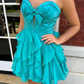 Sweety Lake Blue A Line Strapless Layered Chiffon Satin Short Homecoming Dress SH6788
