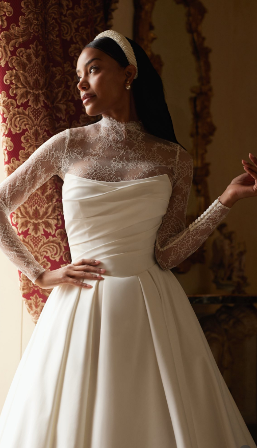 Elegant A Line High Neck Long Sleeve White Lace Satin Wedding Dress SH6022