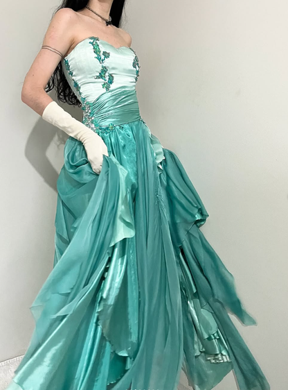 Blue Ombre Vintage A Line Sweetheart Neck Appliques Satin Chiffon Prom Dress Evening Dress SH2540