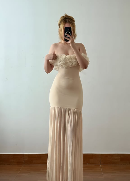 Gentle Apricot Mermaid Off the Shoulder 3D Floral Tulle Long Prom Dress Evening Dress SH6870