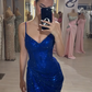 Shiny Sheath V Neck Blue Sequin Long Evening Dress Prom Dress with Slit SH4826