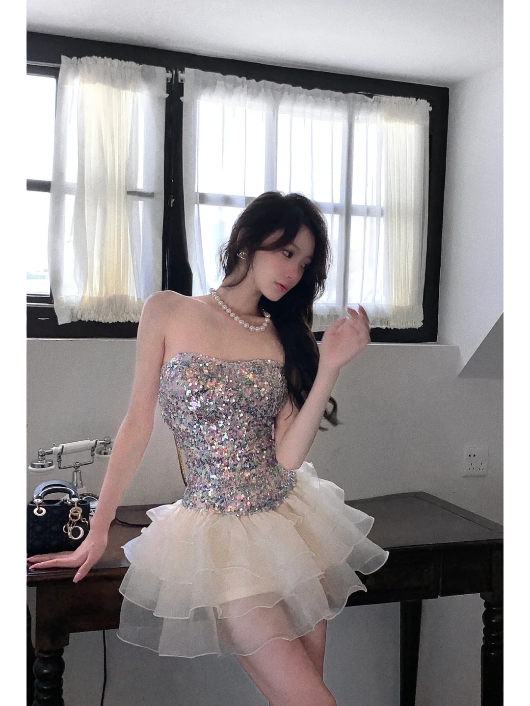 Shiny A Line Strapless Sequin Layered Organza Short Homecoming Dress Outfits SH5825