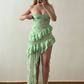 Summer Green Print Floral A Line Straps Chiffon Long Prom Dress Outfits with Slit SH6826
