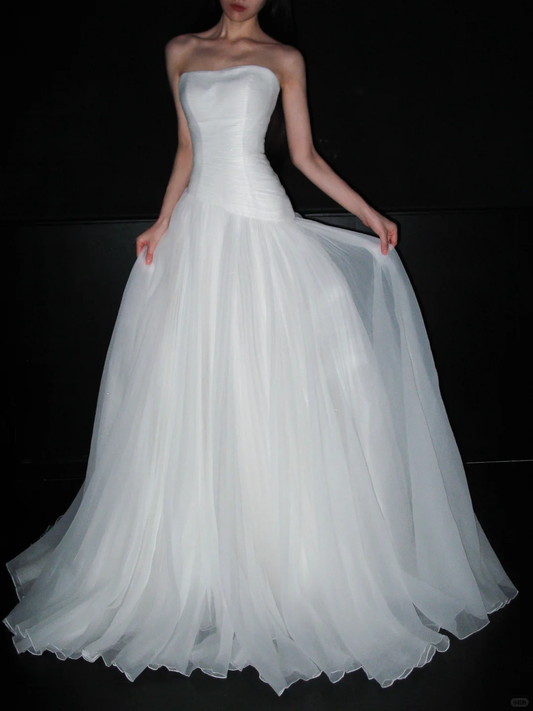 Simple Beautiful Ball Gown Strapless White Satin Tulle Long Wedding Dress SH6678