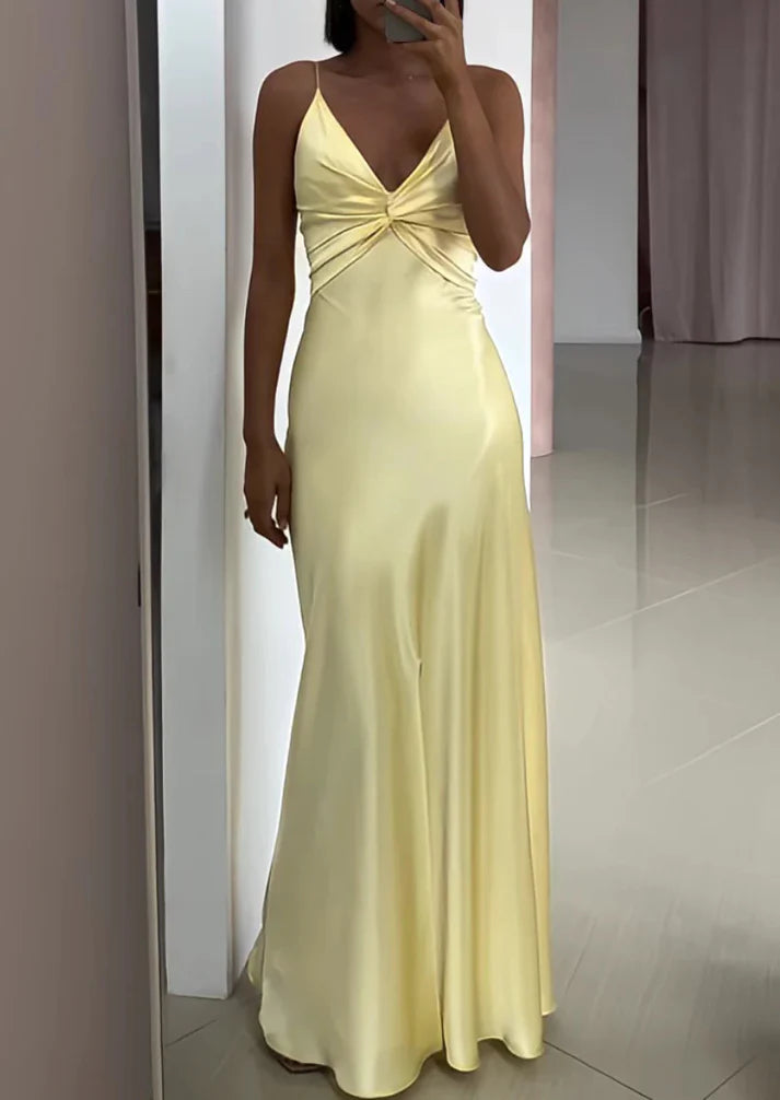 Simple A Line Spaghetti Strap Yellow Satin Open Back Prom Dress Graduation Prom Dress SH2580