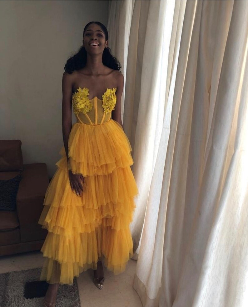 Unique Yellow Strapless  Layered Tulle Long Prom Dress  SH722