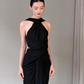 Classic Black Sheath Halter Satin Backless Long Prom Dress Evening Dress SH7704