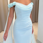 Baby Blue Sheath Off the Shoulder Floral Chiffon Satin Prom Dress SH5546
