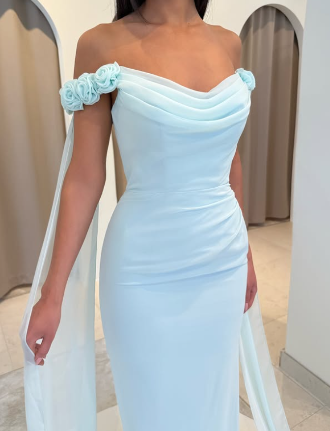 Baby Blue Sheath Off the Shoulder Floral Chiffon Satin Prom Dress SH5546