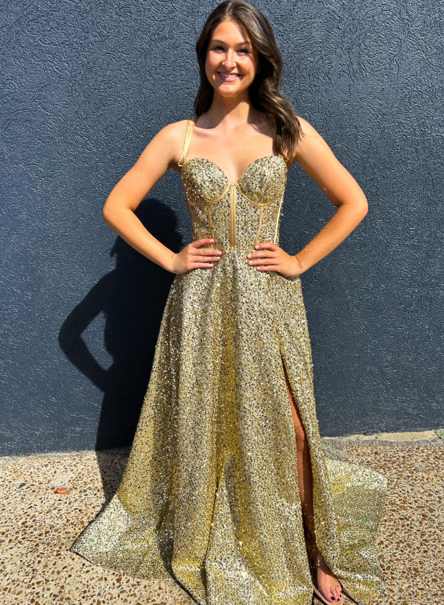 Shiny Gold A Line Spaghetti Straps Corset Sequin Long Prom Dress Evening Dress SH6776