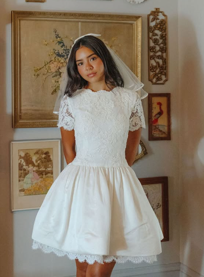 Cute Ball Gown Round Neck White Lace Satin Short Wedding Dress SH6083