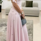 Pink Puff Sleeve A Line Beaded Satin Long Prom Dress Party Dress SH5539