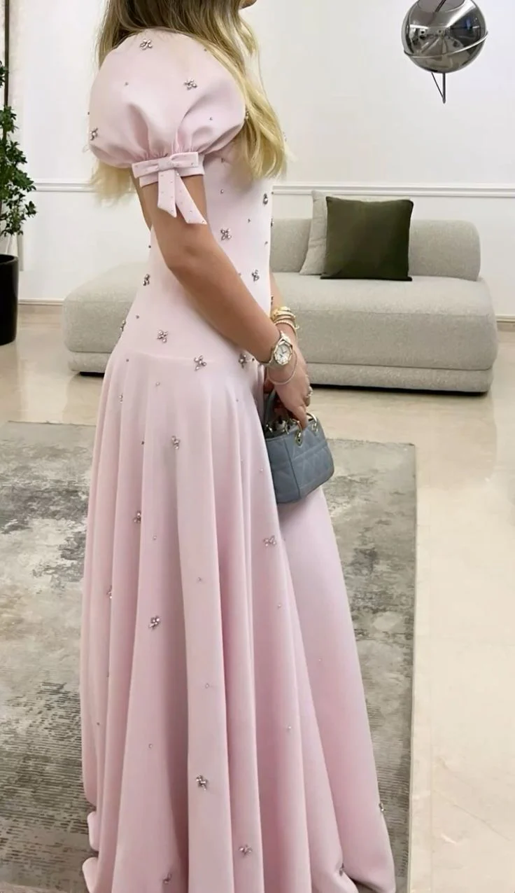 Pink Puff Sleeve A Line Beaded Satin Long Prom Dress Party Dress SH5539