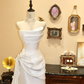 Simple White A Line Strapless Satin Long Prom Dress Wedding Dress SH7399