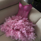Sexy Pink Strapless Beaded Tulle Feather Short Prom Dress SH4568
