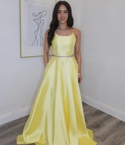 Cute Yellow A Line Spaghetti Straps Beaded Satin Backless Prom Dress Evening Dress SH6647