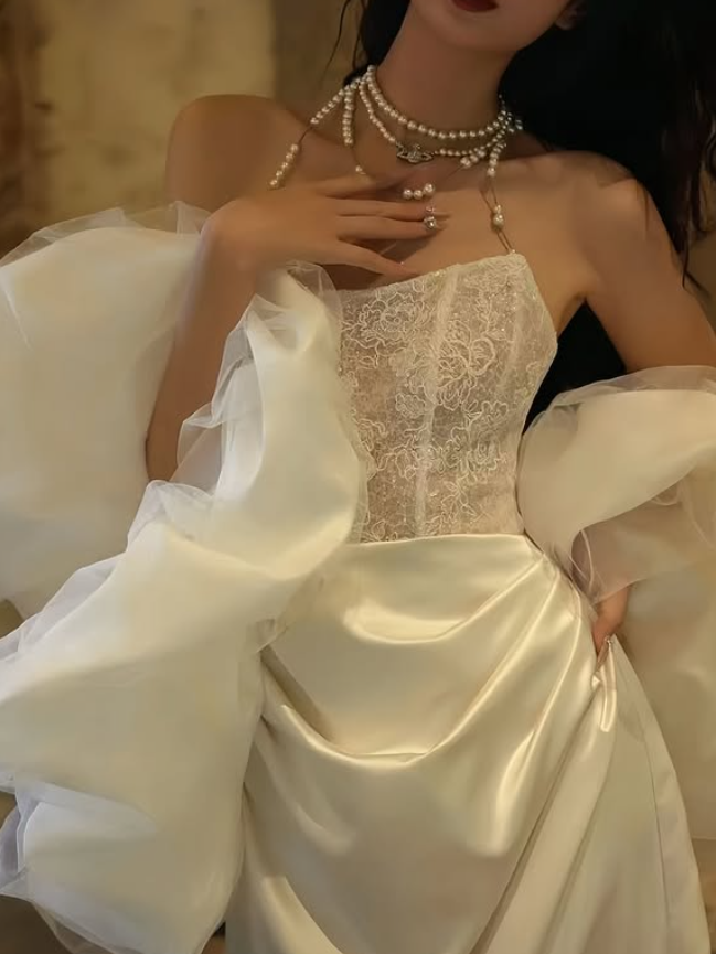 Elegant A Line Strapless White Lace Satin Long Sweep Prom Dress Wedding Dress SH4647