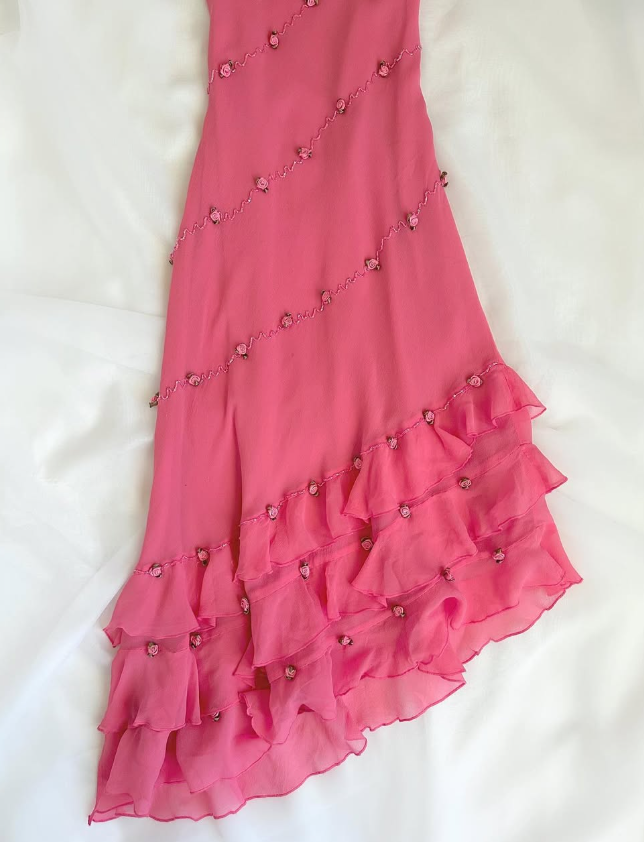 Vintage Pink Floral Beaded Ruffles Chiffon Prom Dress Evening Party Gowns SH3535